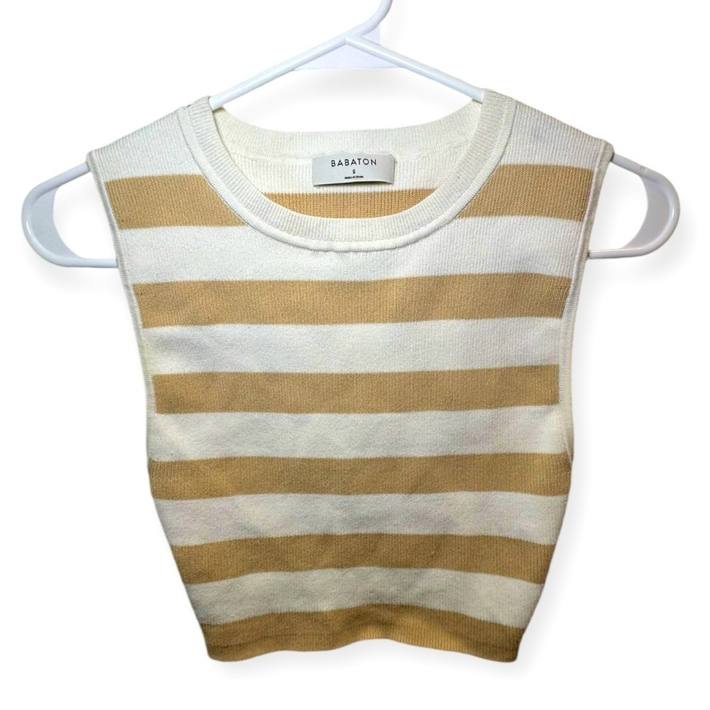 Babaton Aritzia Small Pia Sculpt Knit Tan White Tank Stripped Cropped Top